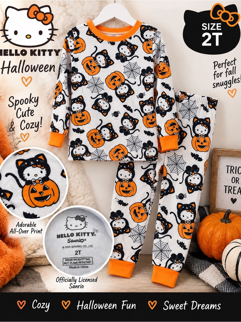 Hello Kitty Orange, Black & White Halloween Pajama Set